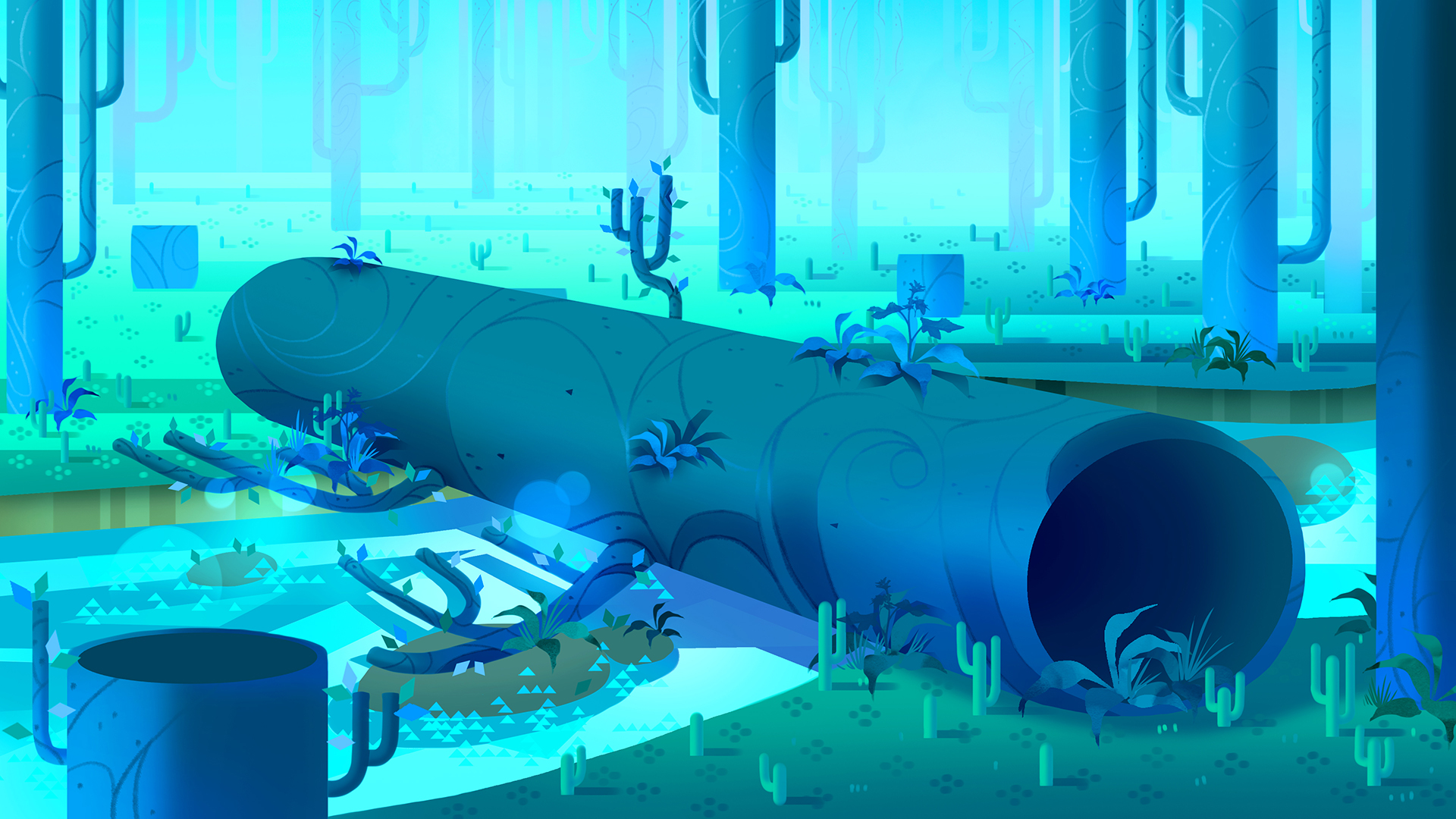 Blue forest with fallen pipe