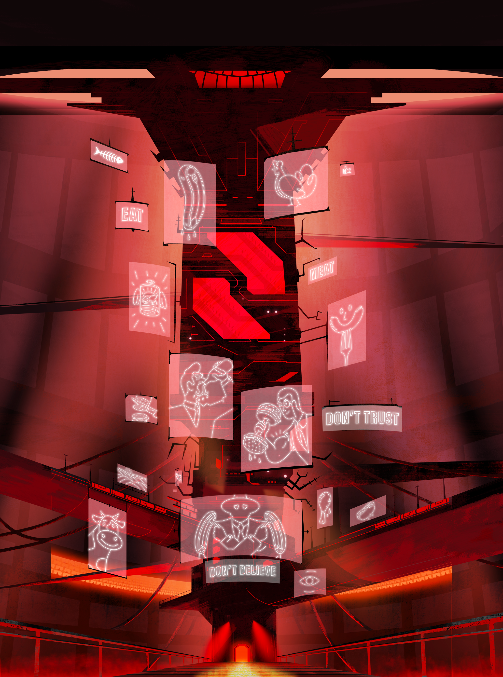 Dark industrial interior with neon signs