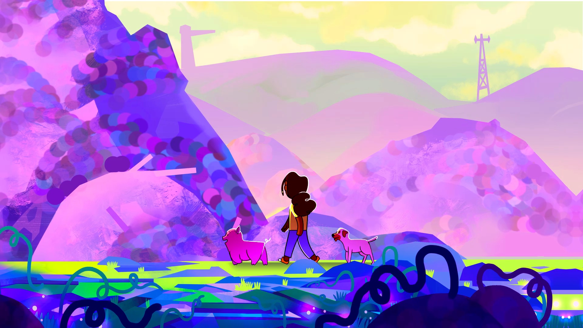 Girl walking with animals in purple landscape
