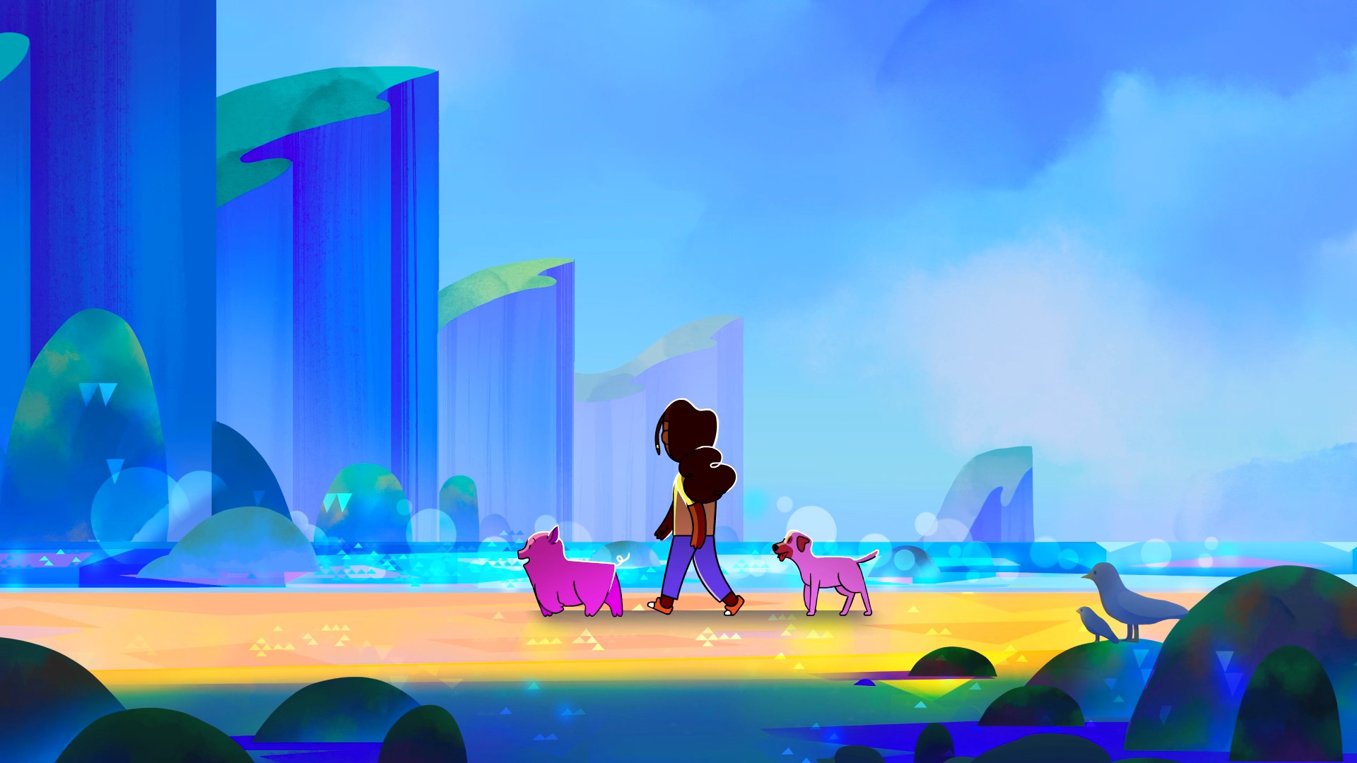 Girl walking with animals on beach