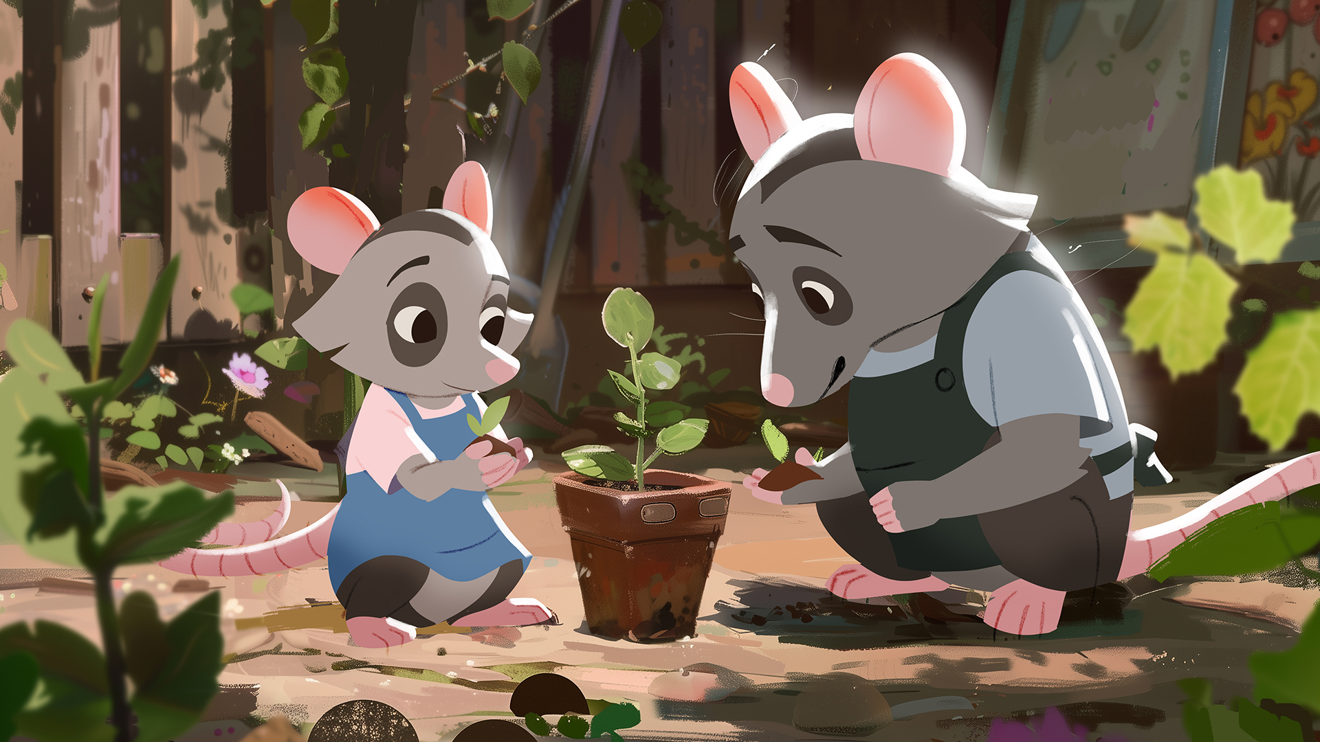 Mice planting in garden