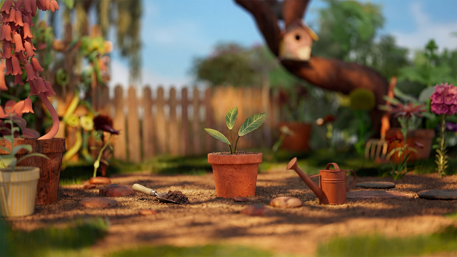 Garden scene with potted plant
