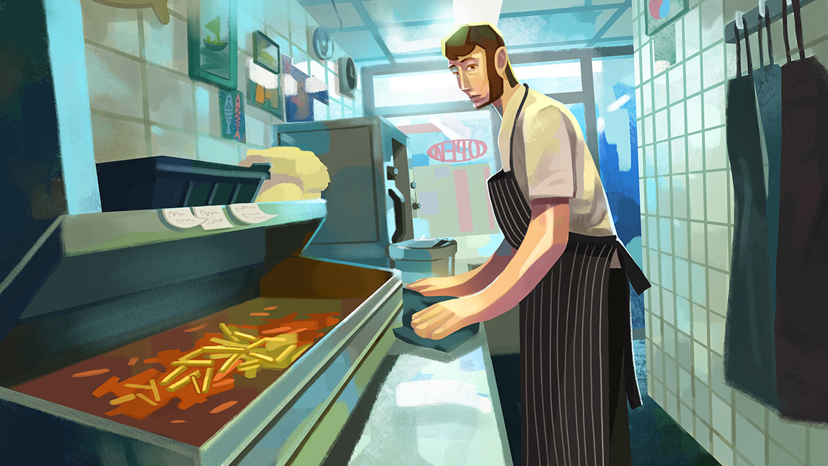 Chip shop worker illustration