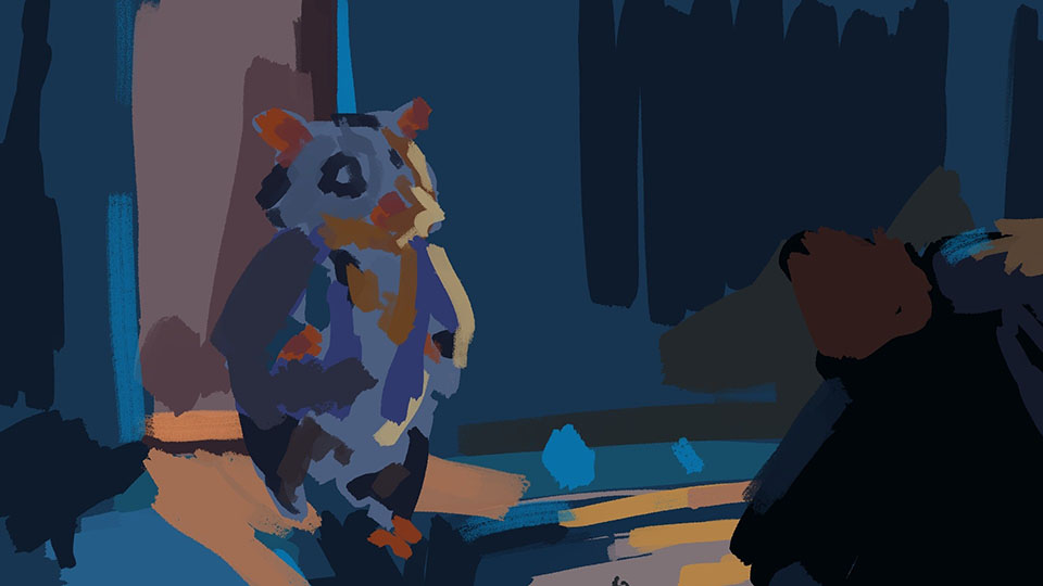 Wide shot of the living room with toys scattered