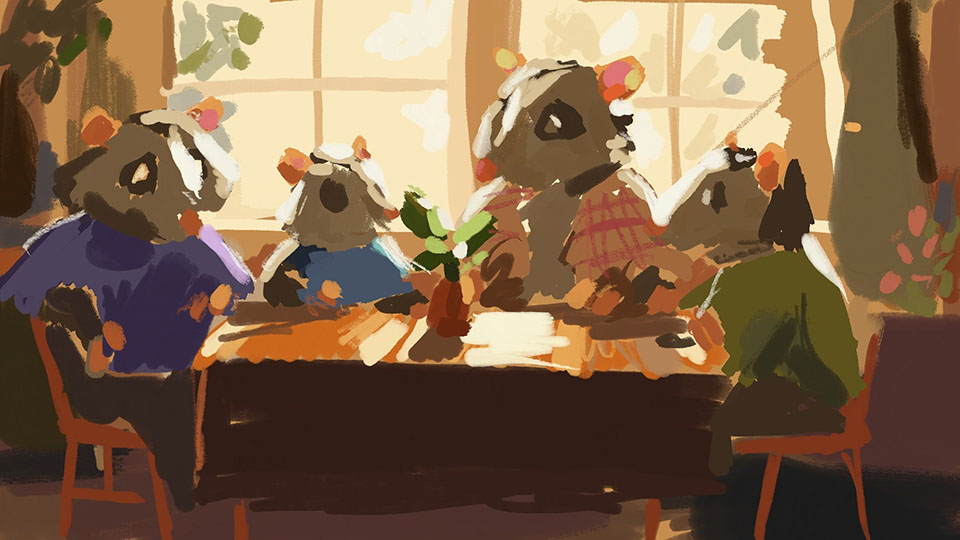 Final wide shot of the family at home