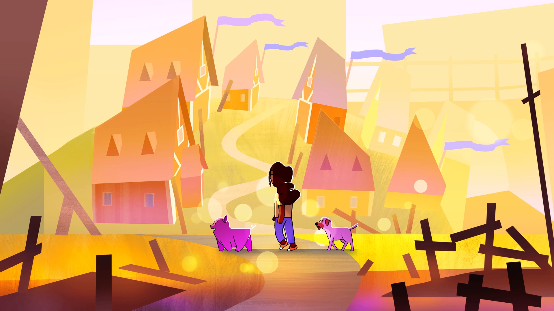 Girl walking with animals in orange village