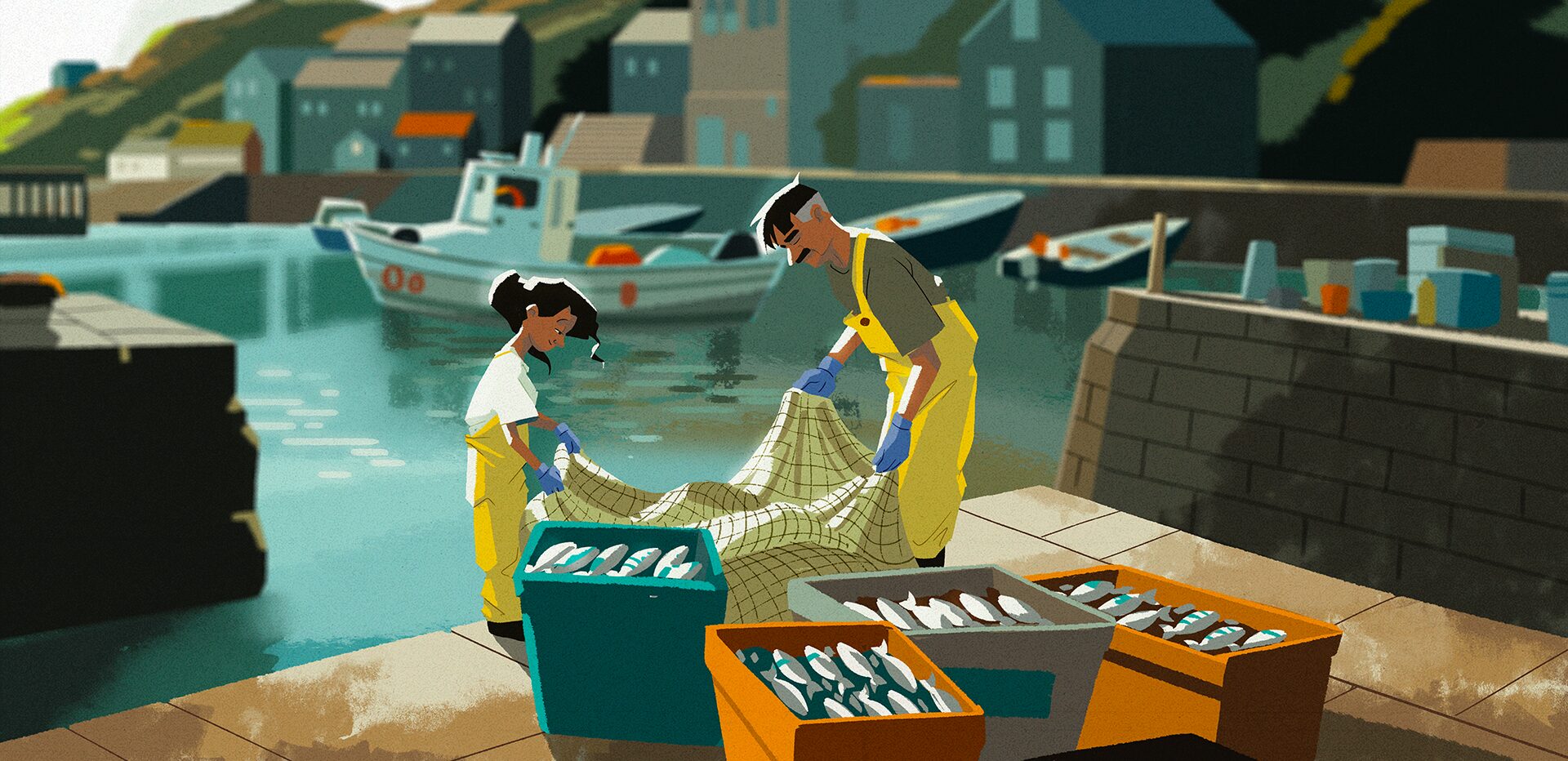 2D animated harbour scene by Myth Studio