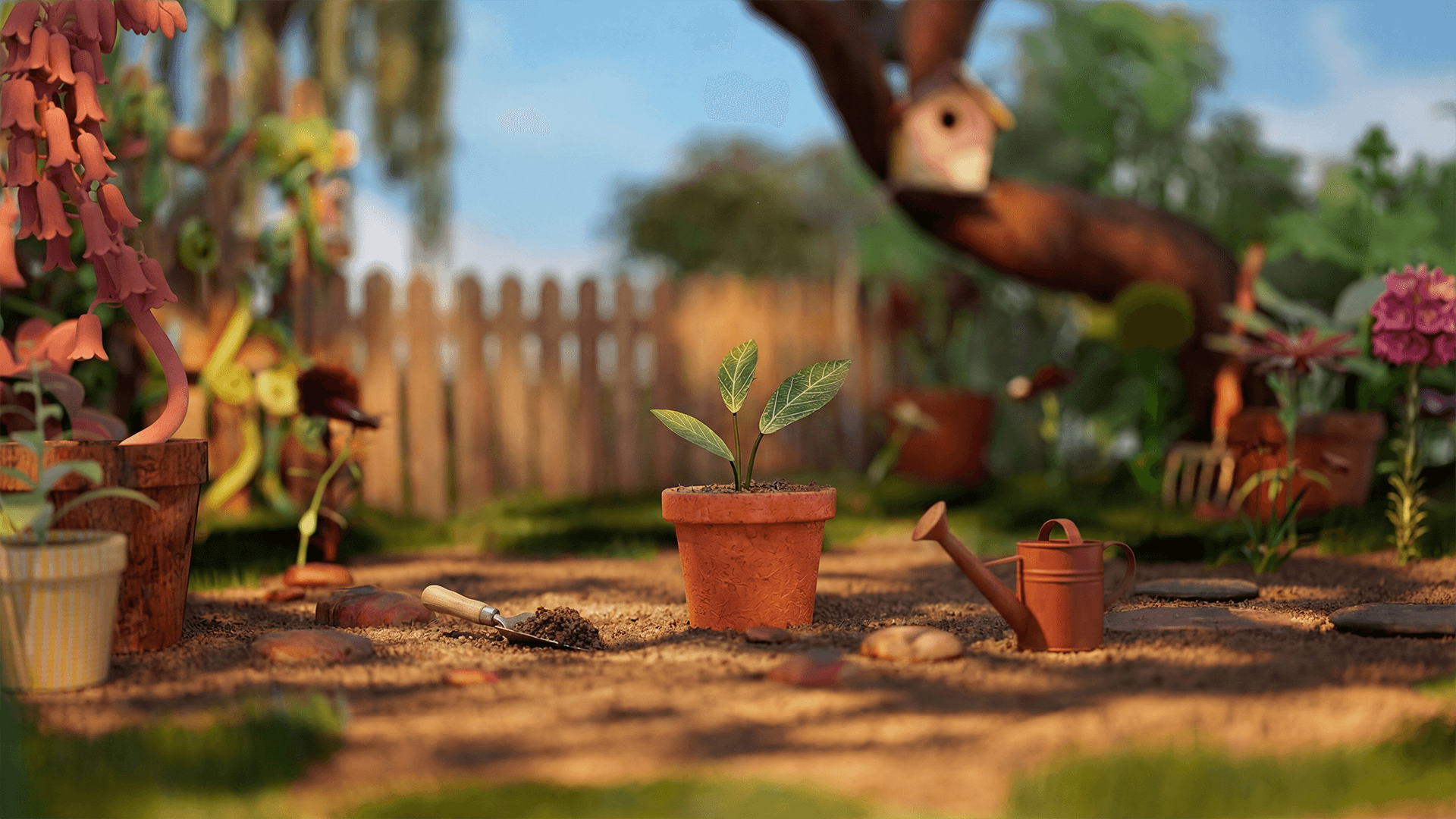 Garden scene with potted plant
