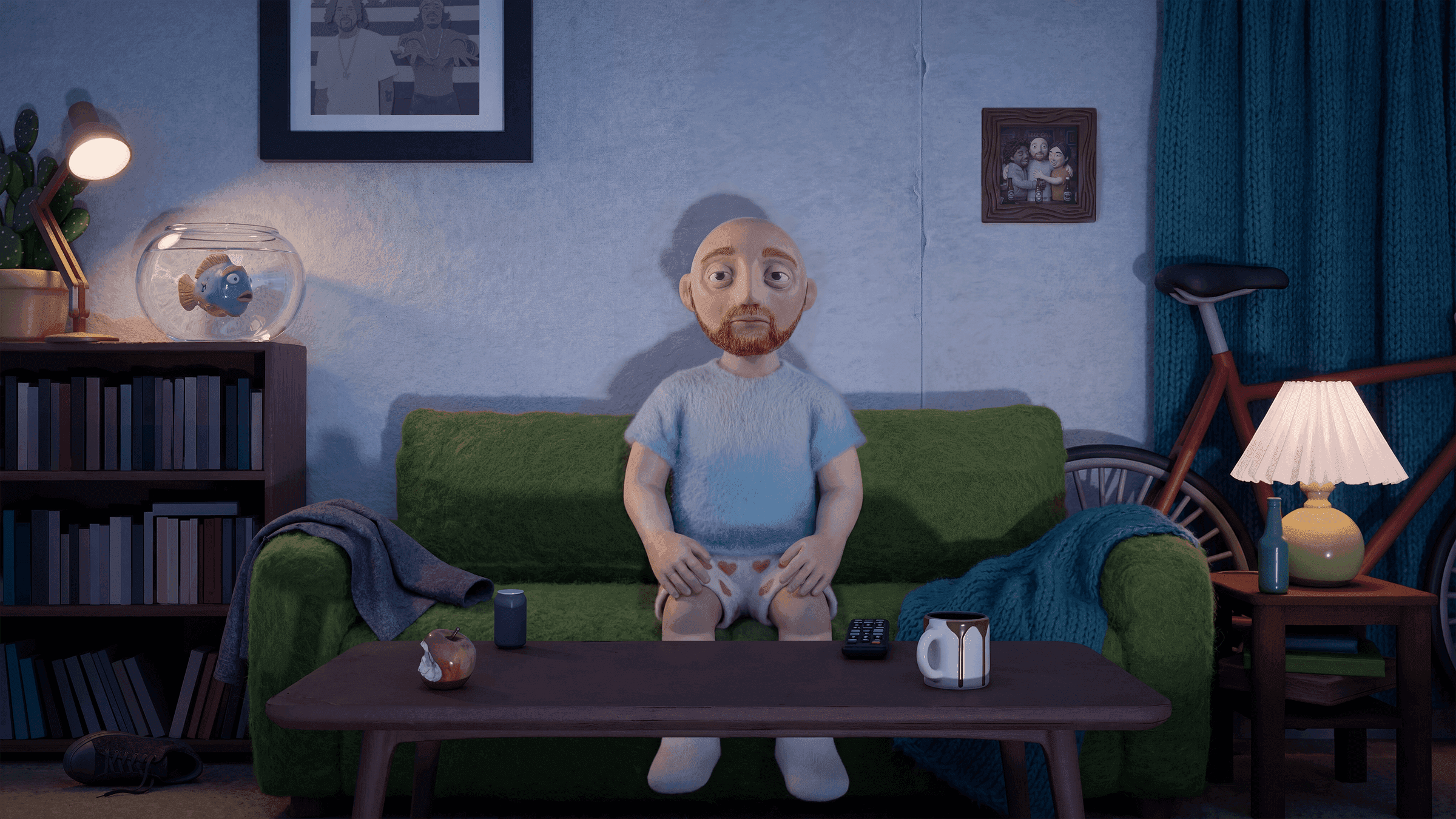 Stop-motion puppet character on a sofa from Legs, an in-production Myth Studio film