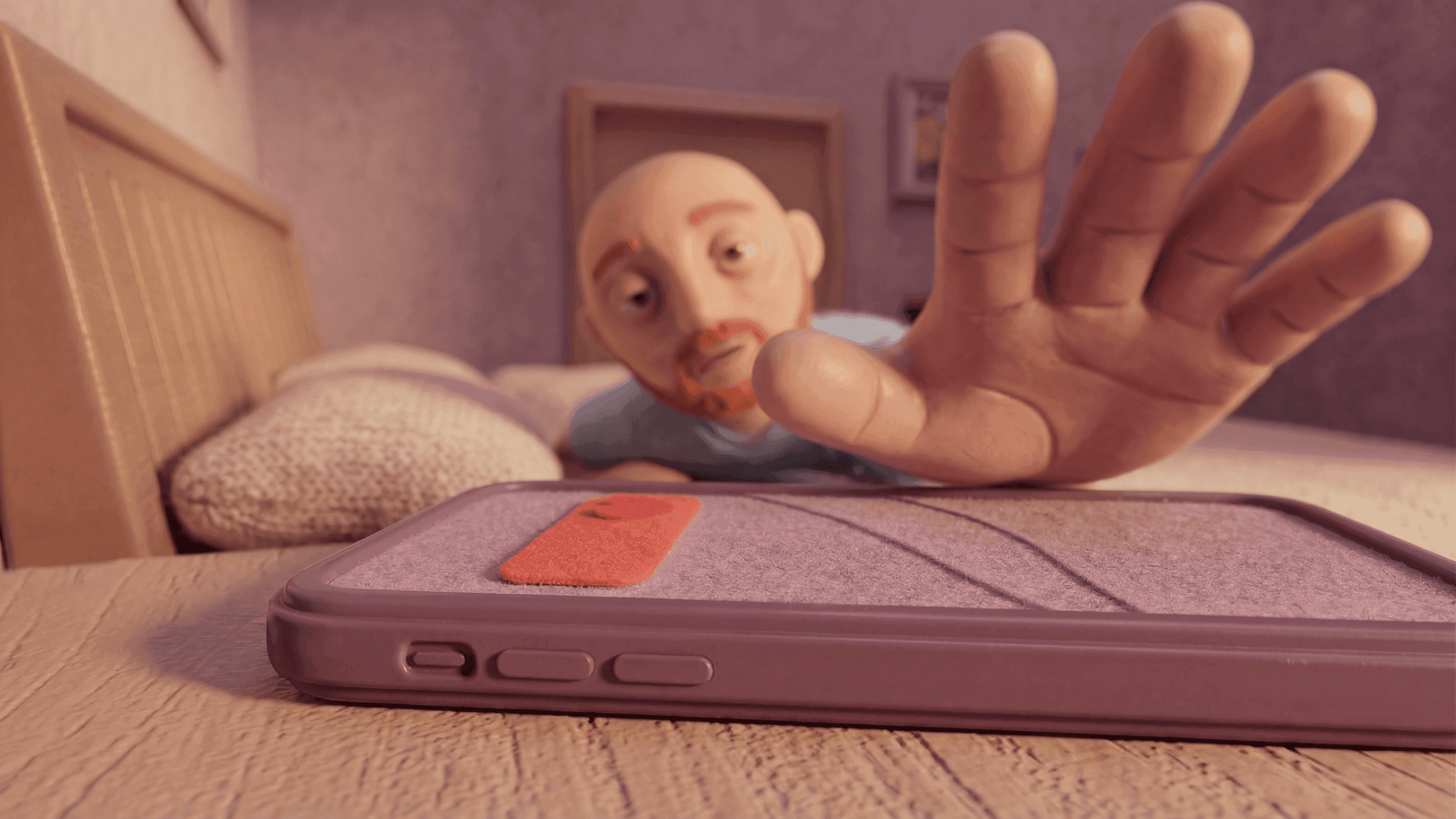 Stop-motion hand reaching for a phone, styleframe from Legs
