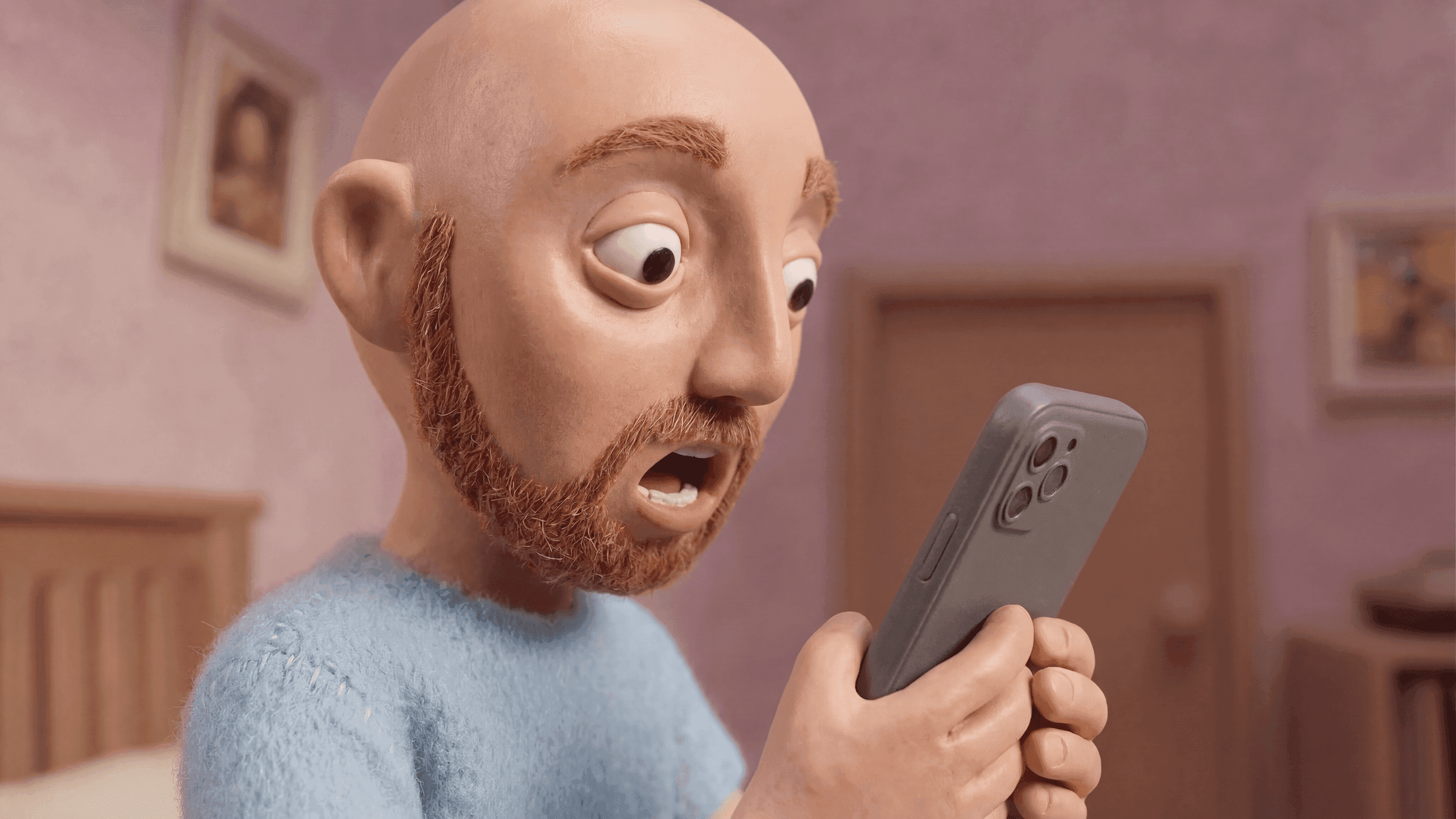 Close-up of a stop-motion puppet reacting to a phone screen, styleframe from Legs