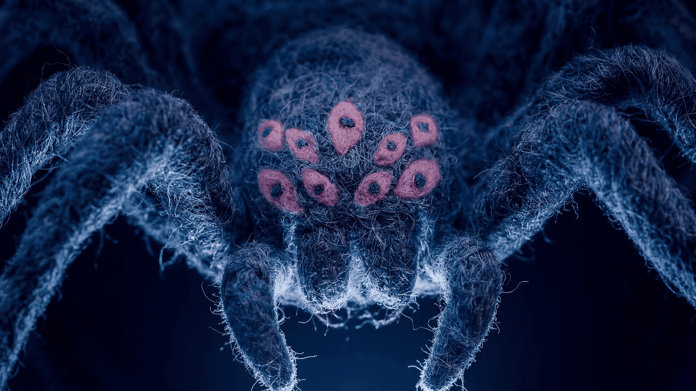 A textile spider character lit in blue, styleframe from Legs